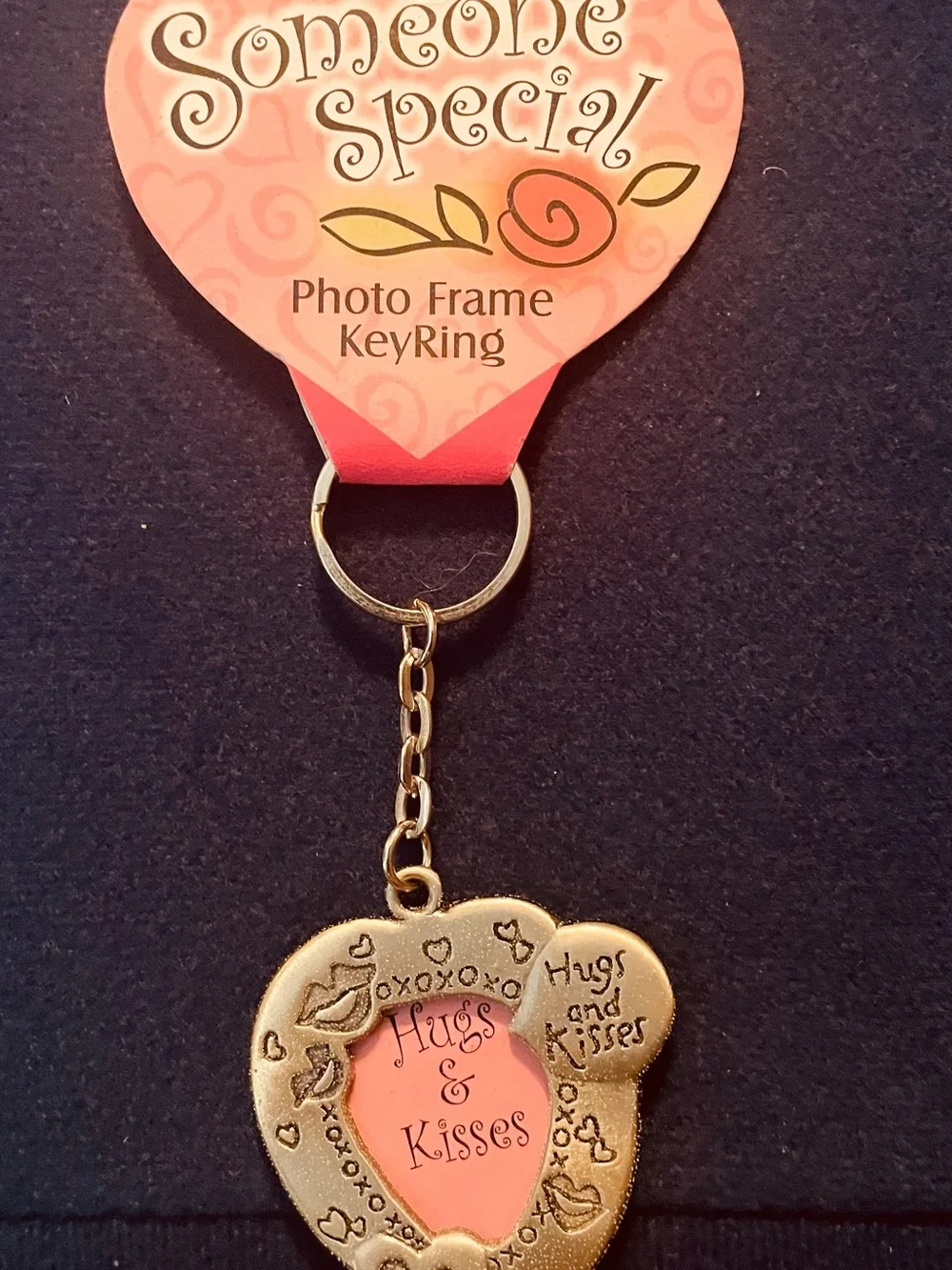 Pewter Hugs & Kisses Heart Photo Frame Keyring Gold Accent
